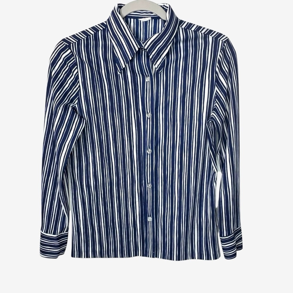 Vintage 90s Office Siren Pinstripe Jersey Top • Shrunken Fitted Button Up